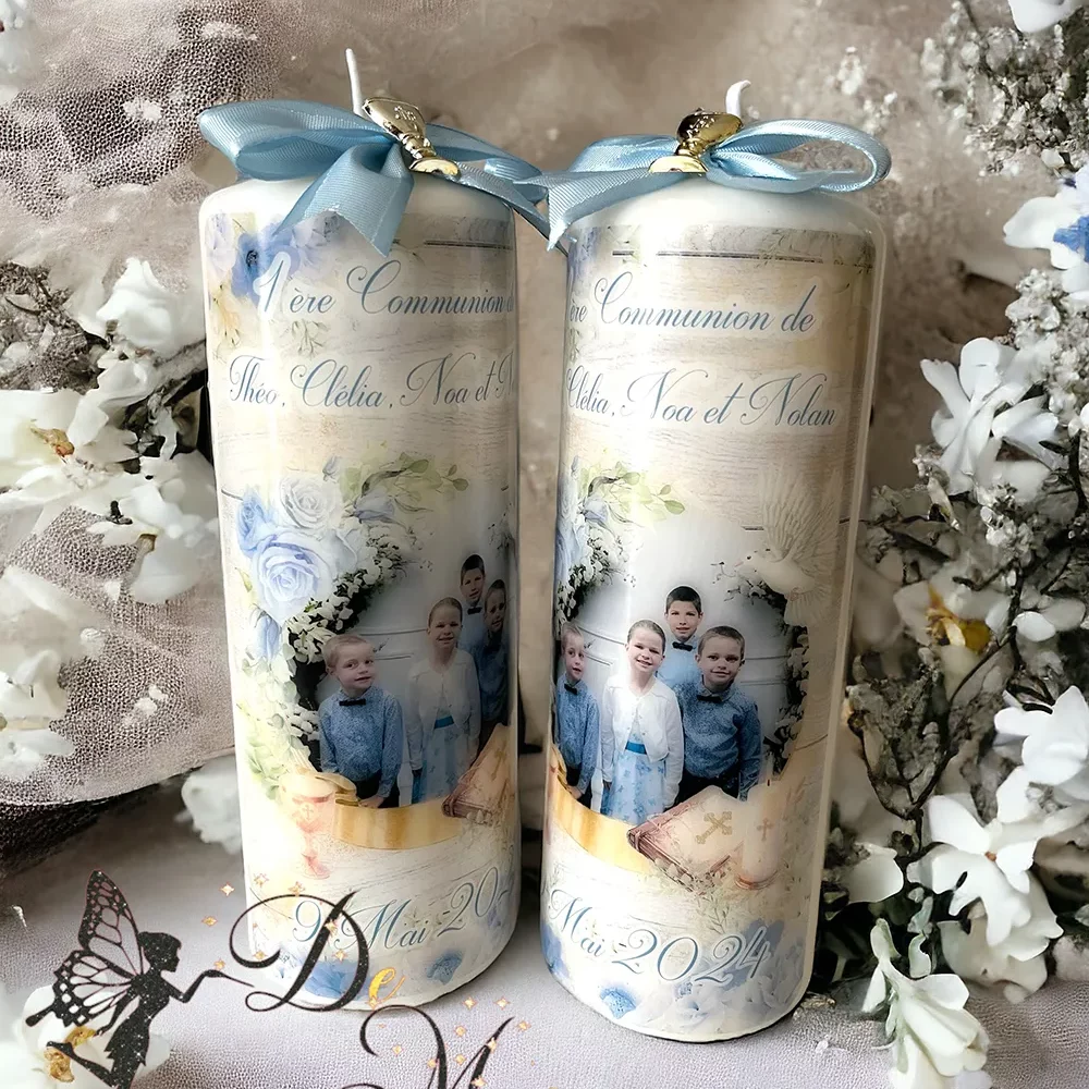 Bougie pilier Communion camaïeu bleu