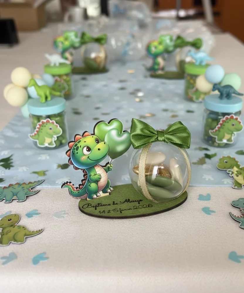 Contenant boule socle bois Dinosaures