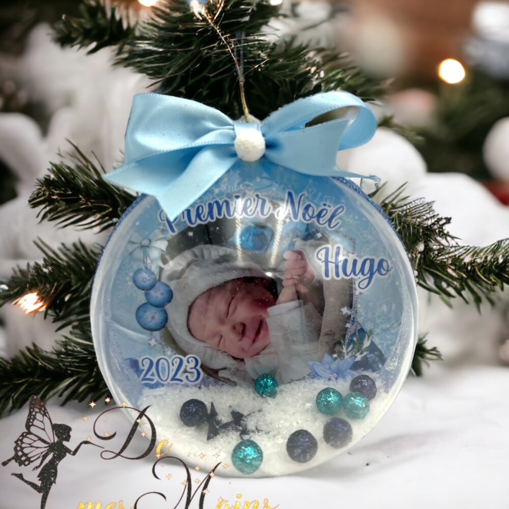 Boule de Noël en plexi personnalisée thème bleu