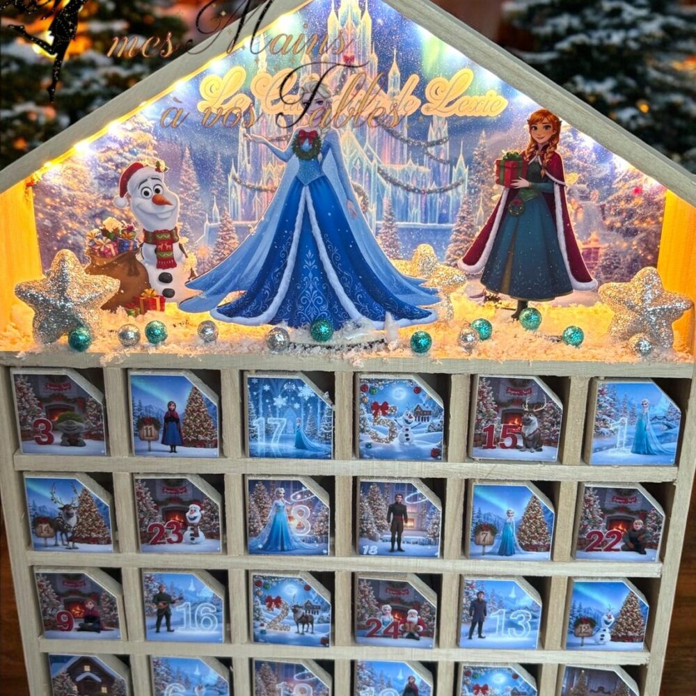 Calendrier de l’Avent en bois et LED personnalisé reine des neiges