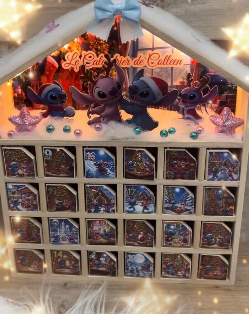 Calendrier de l’Avent en bois et LED personnalisé Stitch et Angel