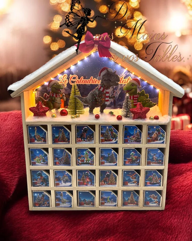 Calendrier de l’Avent en bois et LED personnalisé dinosaures