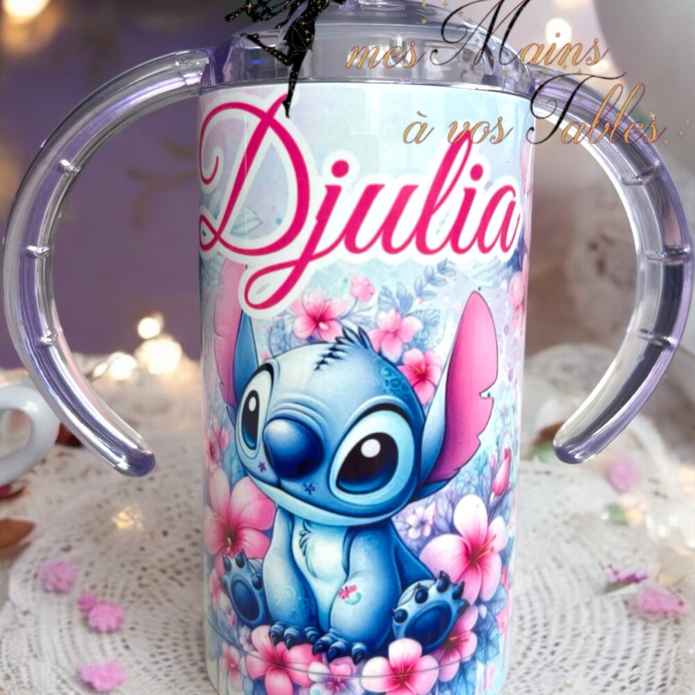Gobelet d'apprentissage isotherme personnalisé Stitch fleurs