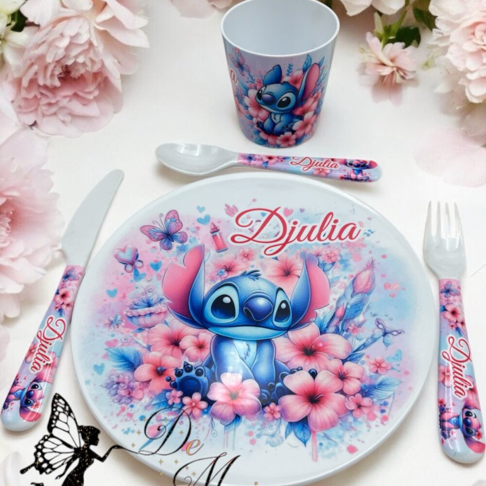 Kit repas incassable personnalisé Stitch fleurs