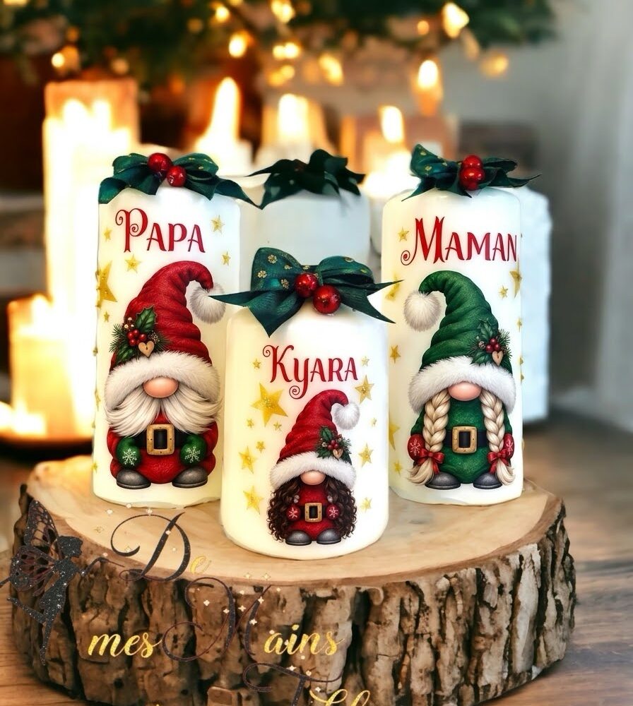 Bougie de noël personnalisée Gnomes rouge