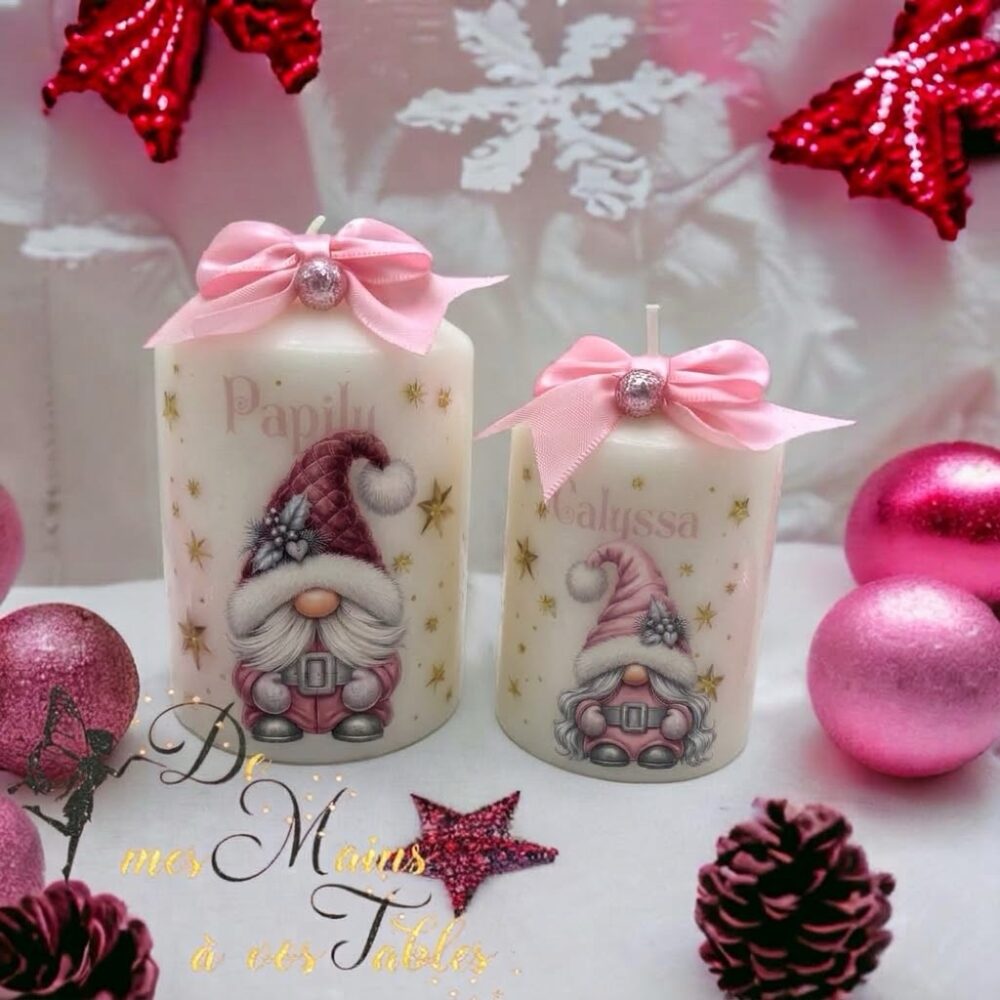 Bougie de noël personnalisée Gnomes rose foncé