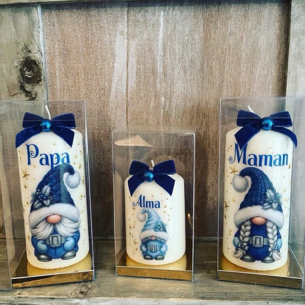 Bougie de noël personnalisée Gnomes bleu