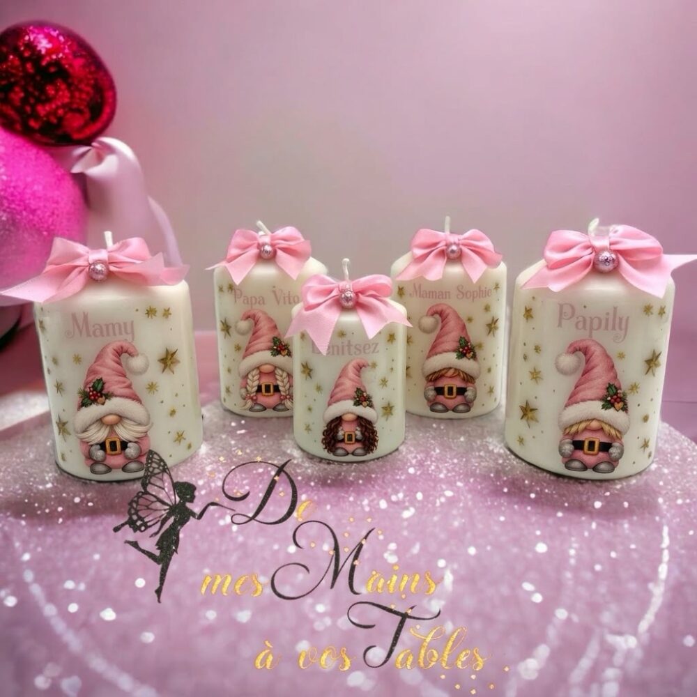 Bougie de noël personnalisée Gnomes rose pale
