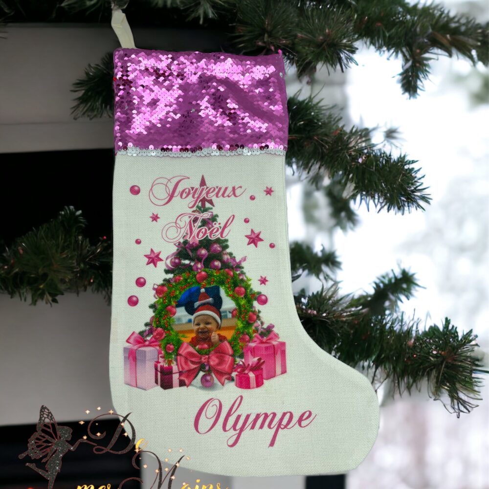 Chaussette de Noël personnalisée Noël rose