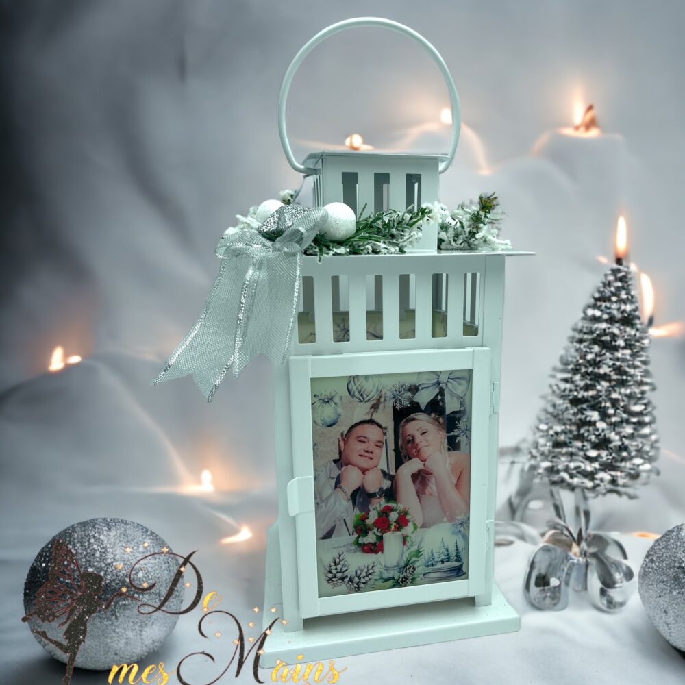 Lanterne en fer et verre personnalisée Noël blanc