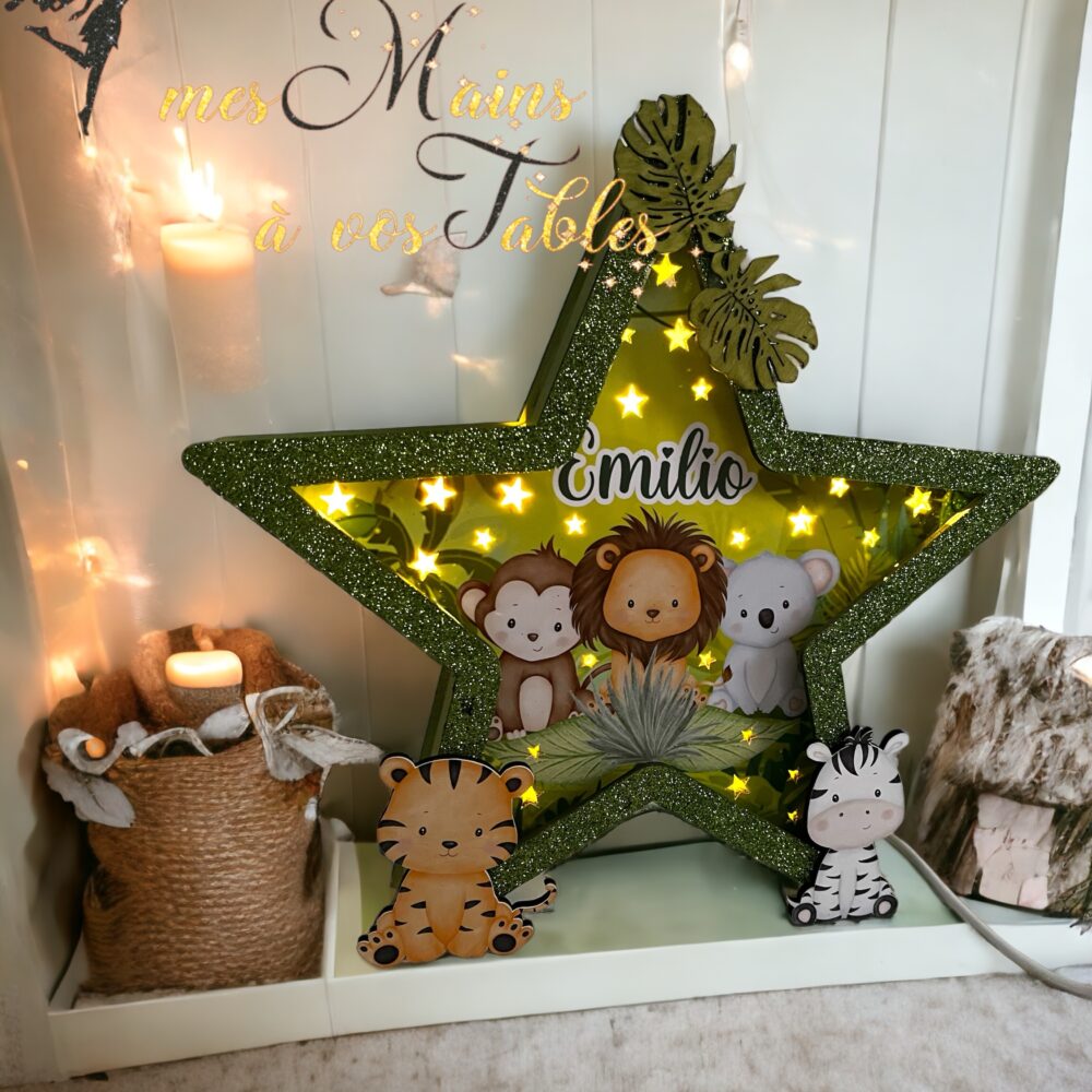 Veilleuse étoile en bois et LED jungle