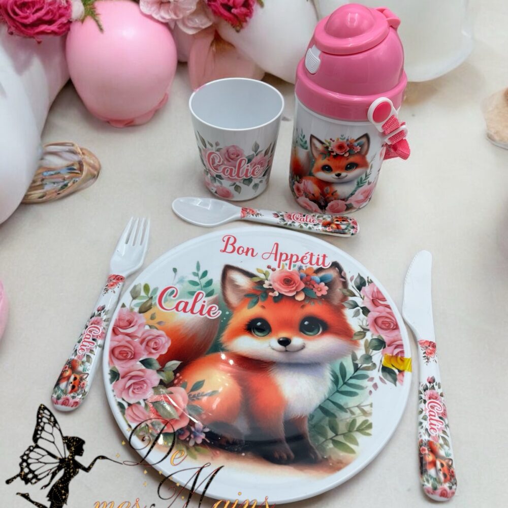 Kit repas incassable personnalisé Renard fleurs