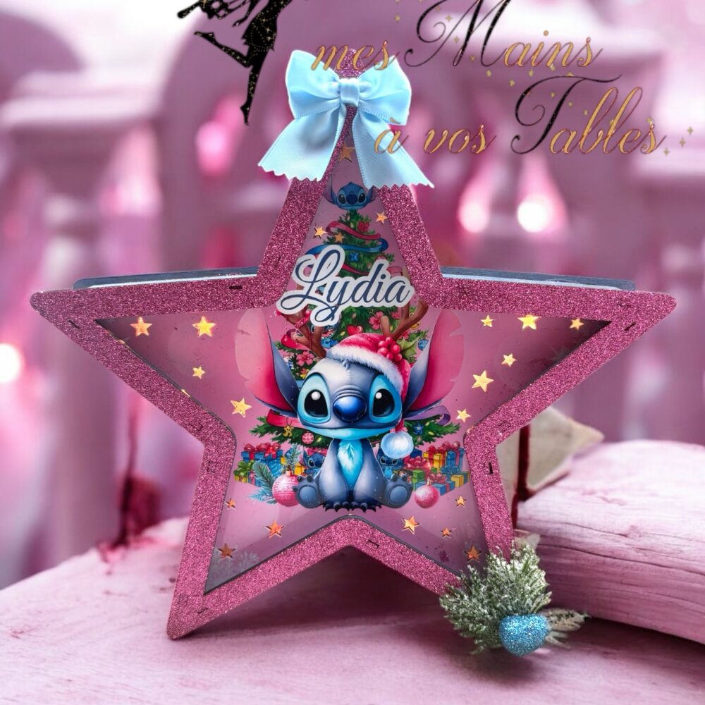 Veilleuse étoile en bois et LED Stitch Noël