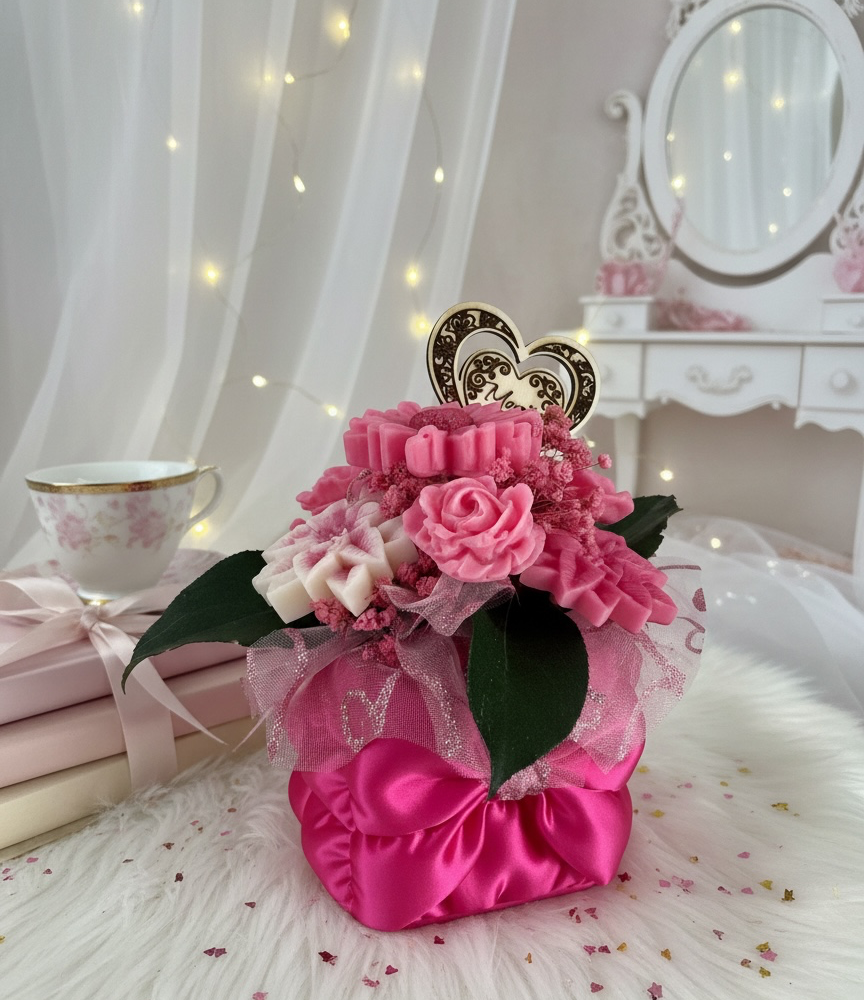 Composition florale fondants parfumés ruban personnalisé rose 6