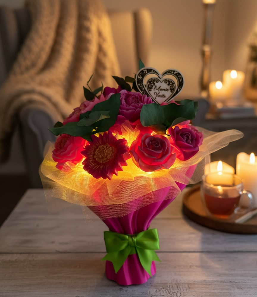 Bouquet  fondants parfumés LED ruban personnalisé rose fushia
