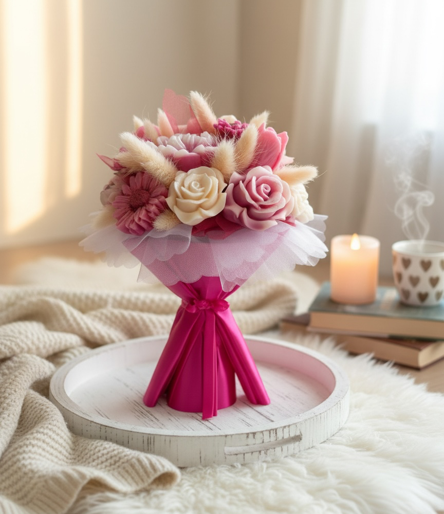 Bouquet  fondants parfumés ruban personnalisé rose