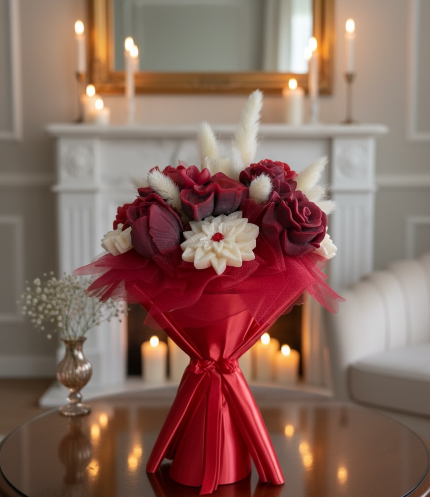 Bouquet  fondants parfumés ruban personnalisé rouge et blanc