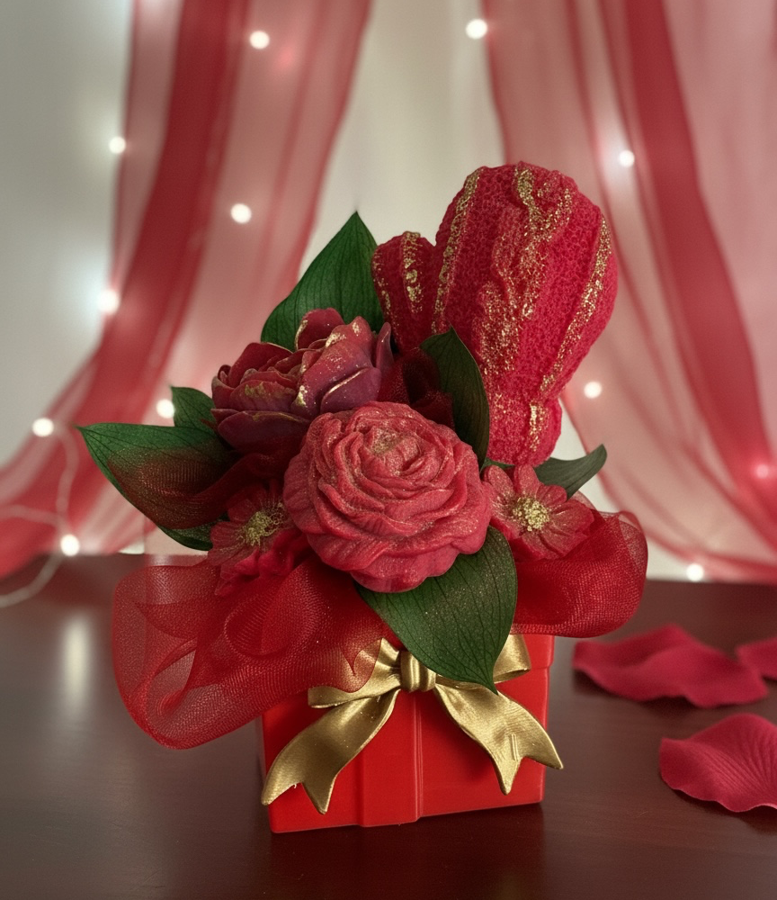 Composition florale fondants parfumés ruban personnalisé rouge et or