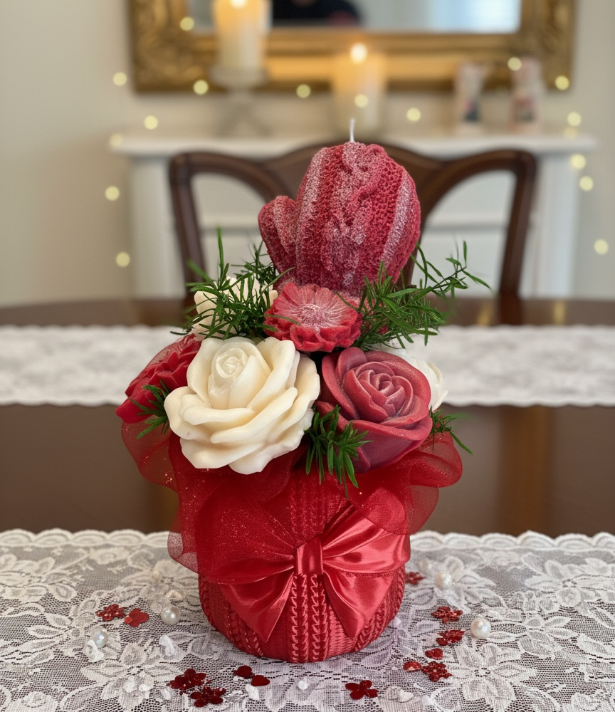 Composition florale fondants parfumés ruban personnalisé rouge et blanc