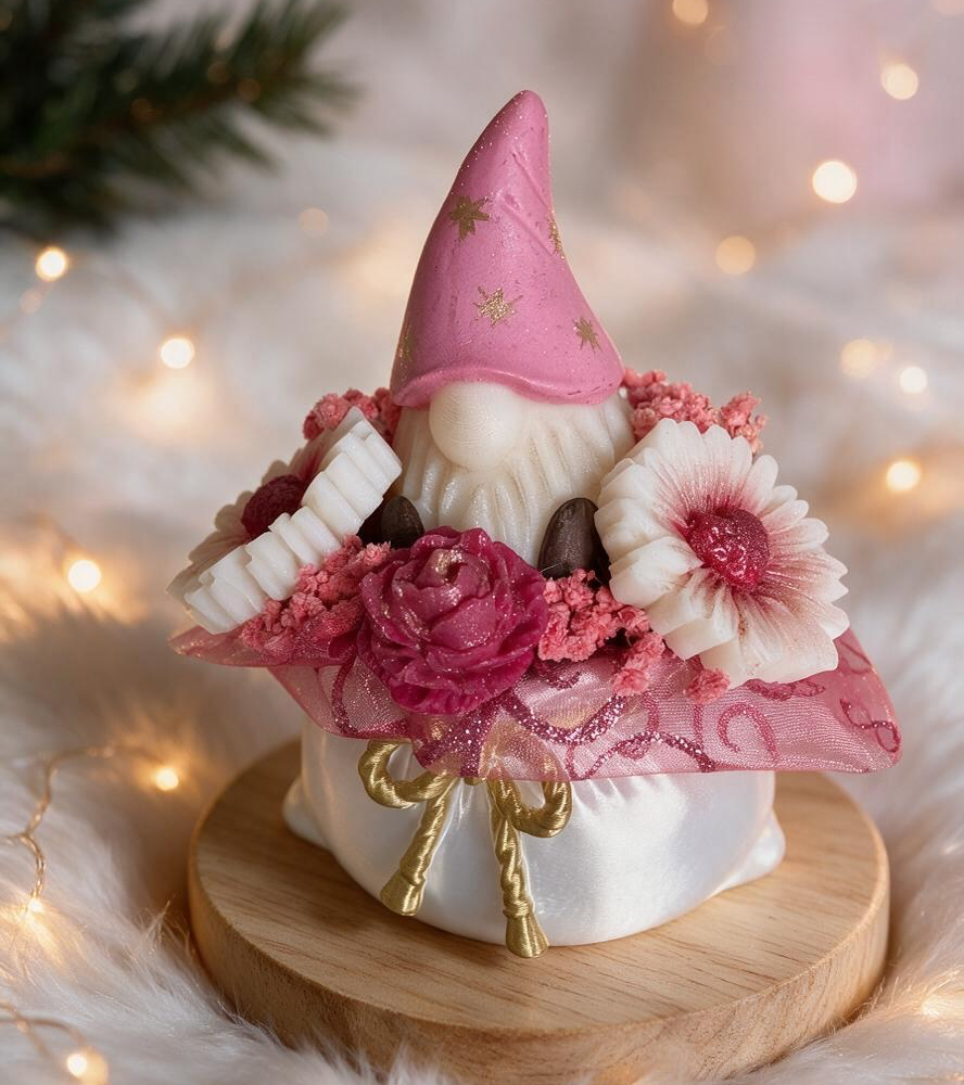Composition florale fondants parfumés ruban personnalisé gnomes rose